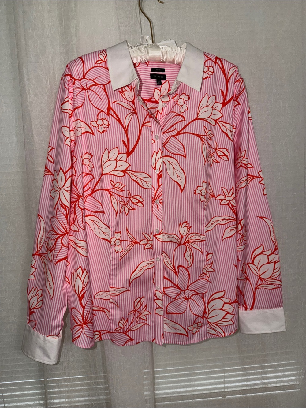 TALBOTS 16 White Pink Orange Stripe Floral Long Sleeve Button Front Cotton Shirt